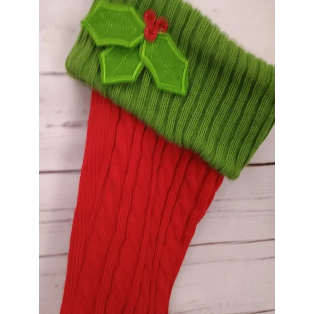 Red & Green Knit Christmas Stocking With Holly Berry Accent Cable Knit Pattern M
